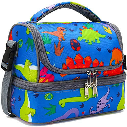 FlowFly Kids Double Decker Cooler Insulated Lunch Bag Large Tote for Boys, Girls, Men, Women, With Adjustable Strap, Dinosaur