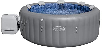 Lay-Z-Spa Santorini Pro Built in LED Light, 10 HydroJet System, Integrated Seats and Foot Massager Inflatable Hot Tub with Freeze Shield Technology, 5-7 Person, Grey