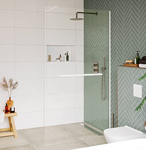 Saqu Modulo Duschwand inkl. Handtuchhalter und Antikalk 120x210 cm - Walk in Dusche mit Stabilisator - NANO Glas Duschtrennwand Badewanne Duschwand matt weiß