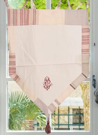 Autrefois Brise bise 60x90 cm, Lin brodé, Voilage Broderie, Style Charme, Petit Rideau Fin, Decoration pour fenetre de Cuisine, Salle de Bain, Salon, French Style Curtain, Victor Rouge
