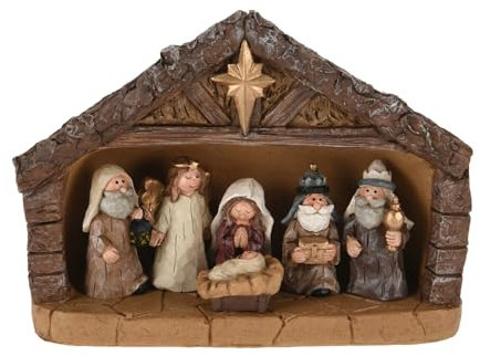 Spetebo Weihnachtskrippe aus Kunststein mit 6 bemalten Figuren - 18 cm - Krippenstall für Weihnachts Tisch Dekoration – Advent Weihnachtsdeko Tischdeko Weihnachten Deko Krippe