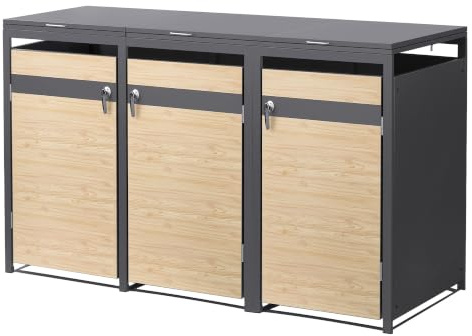 ML-Design Mülltonnenbox 3er 240L, Mülltonnenverkleidung für 3 Mülltonnen, Müllbox wetterfest, Mülltonnenhaus aus Stahl, Müllcontainer mit Deckel, abschließbare Tür, 200x80x120 cm, Anthrazit-Holzoptik