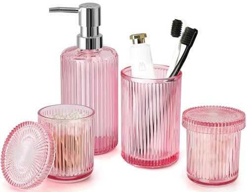 Pink Bathroom Accessories Set, 4 Pcs Glass Bathroom Accessory Set, Pink Soap Dispenser and Toothbrush Holder Set, Qtip Holder Set, Vintage Bathroom Sink Set, Cute Bathroom Decor
