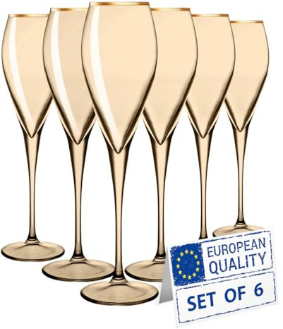 Biandeco Gold Rimmed Amber Champagne Flutes Set of 6, 7.60 oz, Long stem Sparkling Wine Glasses, Stemmed Drinking Tulips, Glass Cups