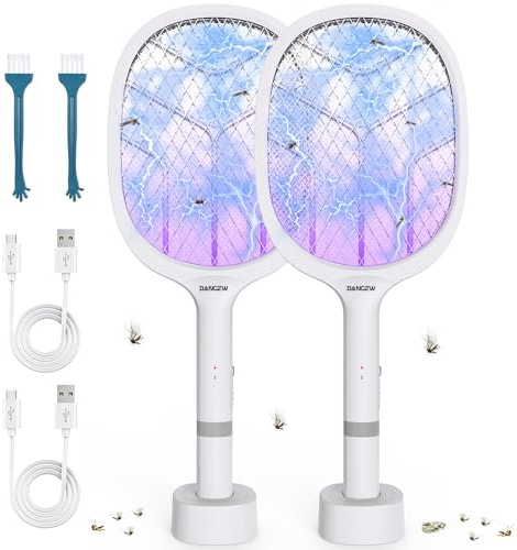 Raquette Moustique Electrique (2 pcs), 4800V Raquette Electrique Insectes UV avec Base de Chargement, 2EN1 USB Rechargeable Tapette à Mouches électrique, Raquette Anti Moustique Electrique 1800mAh