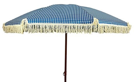 LIFE IS Ombrellone 200 cm, 8 stecche in fibra di vetro.Palo 32 mm in acciaio effetto legno con snodo.Tessuto poliestere con frange. Stampa blu