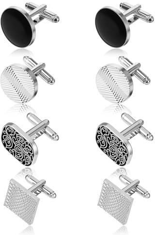 Nogeqi 4 Paar Manschettenknöpfe Herren, Manchettenknoepfe Personalisiert Klassische Cufflinks For Men Hochzeit Business Klassische Tanzparty Schwarz Silber