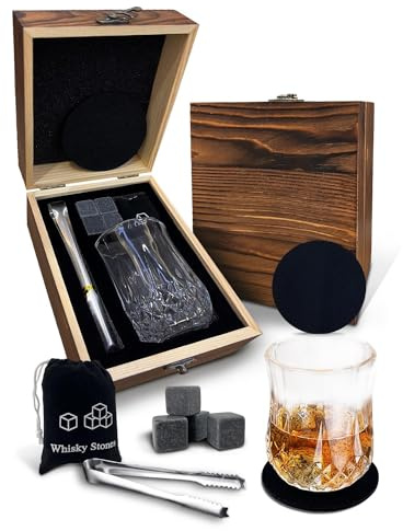 Whiskey Gift Sets for Men – 1 Premium Crystal Whiskey Glasses with 4 Reusable Whiskey Stones, Tongs, and Coasters in Wooden Box, Perfect Christmas or Birthday Present for Dad Husband Boyfriend