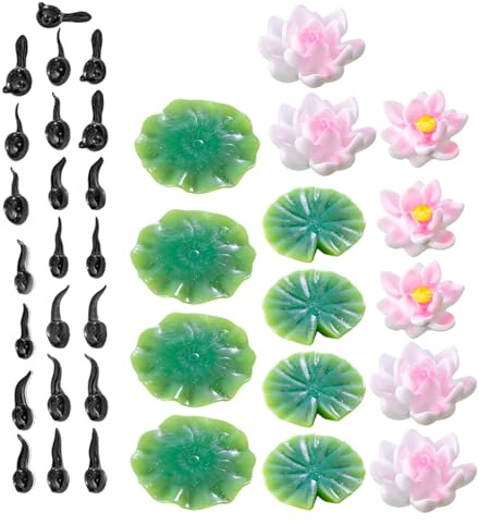 PENIKOKO Décor Étang Miniature Résine avec Nénuphars Artificiels Lotus Grenouilles et Têtards pour Aquarium et Jardin Féérique Accessoires Flottants pour Décoration Extérieure