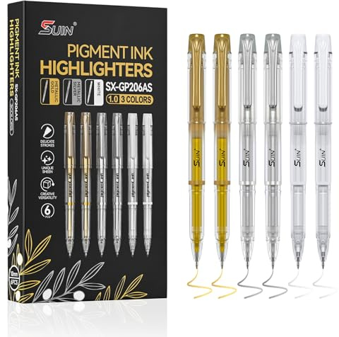 SUIN White Gold Silver Gel Pens for Black Paper, 1.0mm Broad Point Opaque Metallic Ink Pens for Wedding Guest Books, Greetings Cards, Scrapbooking & Art Highlights, Cap-Style (6 Pack)