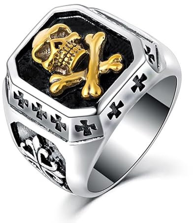 BOBIJOO Jewelry - Bague Chevalière Tête de Mort Argenté Or Croix Templiers Acier Inoxydable Biker - 58 (8 US)