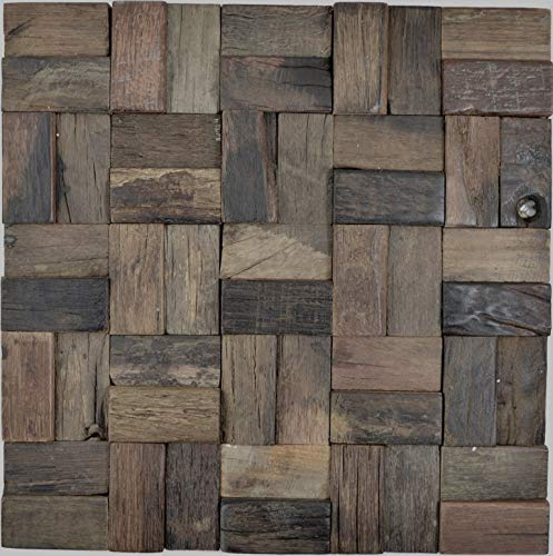 Holz Mosaik Parkett boot OLD Wood Holz FSC Wand Küche Bad Fliesenspiegel, Mattengröße: 300x300 = 0,09 qm, Steingröße: 60x30x10-15 mm - 1 Matte
