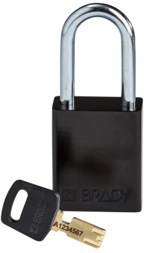 Brady SafeKey - Lucchetto in alluminio con chiave, serratura di sicurezza per interni ed esterni, altezza grillo: 38,10 mm, chiave diversa, colore: nero