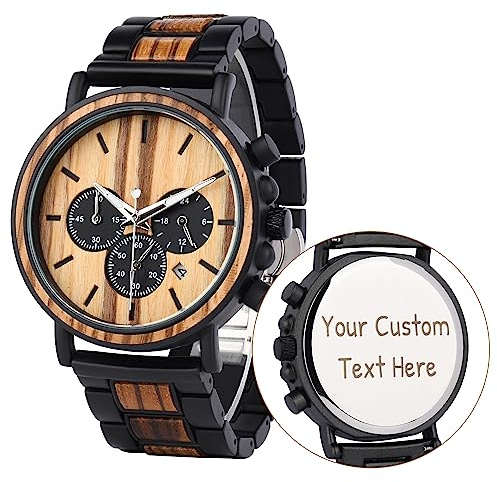 LMWOOD Personalisierte Herren-Holzuhr mit Gravur, Geburtstag, Jubiläum oder zu Weihnachten, Chronograph, Datumsanzeige und Leuchtzeigern