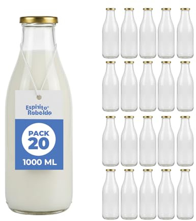 Espirito Rebelde Pack de 20 Botellas de Vidrio Vacías de 1000 ml con Tapa - Botellas de vidrio para jugos, leche, barbacoas, salsas - Ideal para Picnics, Bodas y Fiestas