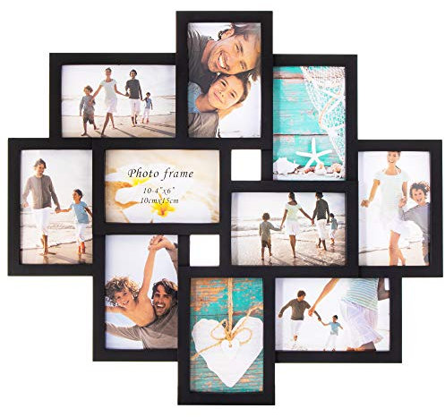 SPRINGOS - Cornice per 10 foto in plastica, collage fotografico, formato verticale e orizzontale, decorazione da parete, colore: nero, 48,5 x 53 cm