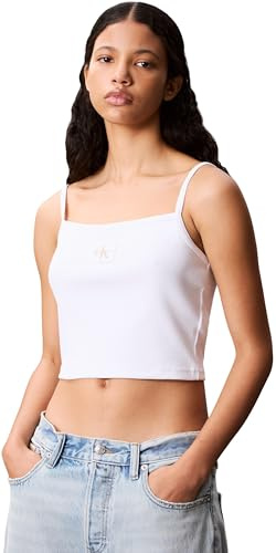 Calvin Klein Camiseta de Tirantes Mujer Woven Label de canalé, Blanco (Brilliant White), M