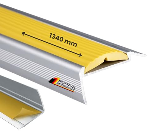 Floordirekt Treppenkantenprofil selbsklebend aus Alu mit Rutschfester Gummi Kantenschutz für Laminat, Parkett, Treppen Stufenkantenprofil - Treppenwinkel, Treppenprofil, Winkelprofil gelb 134 cm