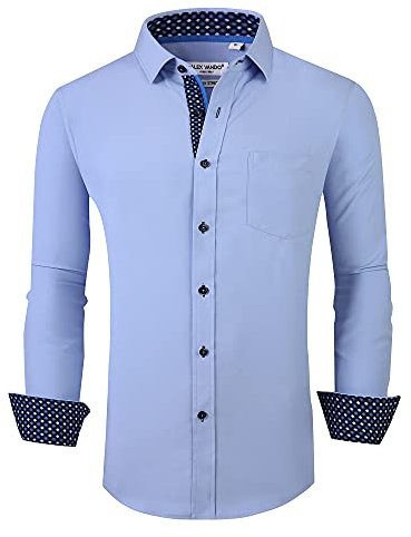 Alex Vando Men's Casual Button Down Long Sleeve Straight Fit Shirt, Blue, L