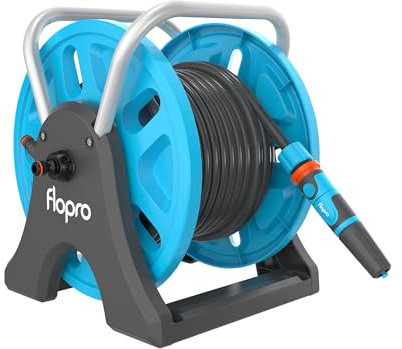 FLOPRO-Garden Hose Reel 25m: 2-in-1 Ideal as Free Standing or Wall Mounted Hose Reel. Robust Frame for Stability. Complete with FLOPRO Hose Pipe Connector Set & Nozzle- Fits All Brands