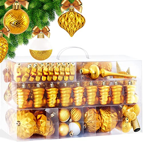 KESSER® Weihnachtskugeln 101-teiliges Set, mit Baumspitze Christbaumkugeln Kunststoff Bruchsicher mit Plastik Weihnachtsbaumkugeln Box Weihnachtsbaum Weihnachtsdeko Deko & Christbaumschmuck, Gold