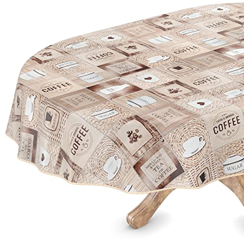 Nappe de Table en Toile cirée - Lavable, Ovale, avec Ourlet, café - Facile d'entretien - 140 x 180 cm