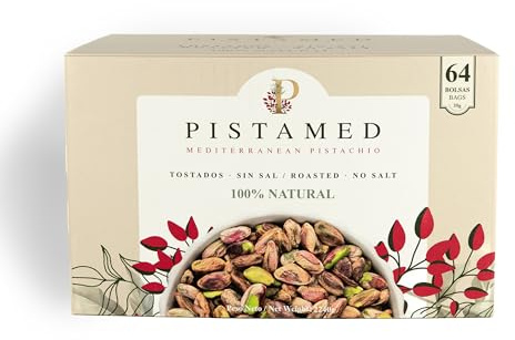 PISTAMED - Pistaches Décortiquées Sans Sel Grillées Artisanalement - Riches en Fibres - Végan et Sans Gluten - Pack 64 x 35 g Portions Individuelles - Origine Espagne - Snack Naturel à Partager