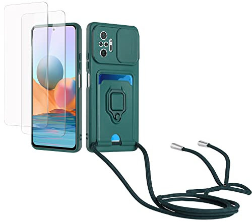 Kaslly Funda con Cuerda para Redmi Note 10 Pro/Note 10 Pro MAX+[2 Pack Protector Pantalla],Case con Ranura para Tarjetas,Cubierta de Cámara Deslizante Proteger,Doble Cara Protección-Verde Oscuro
