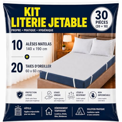 Kit Literie Jetable – 10 Alèses Matelas 140x190 cm et 20 Taies Oreiller 60x60 cm – Non Imperméable - Protection Literie à Usage Unique