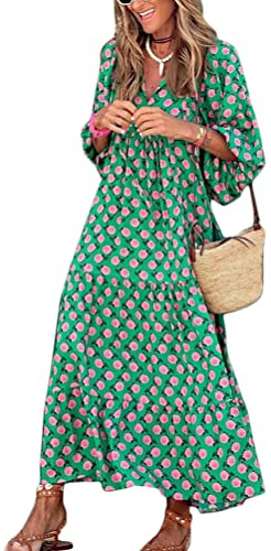 ticticlily Vestido Mujer Largo Verano Vestidos de Casual Fiesta Playa Vestido Manga Larga Estampado Boho Vestido Maxi Midi Suelto para Mujer Talla Grande Verde XXL