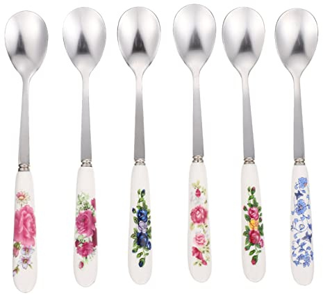 Luxshiny 6Pcs Ceramic Handle Coffee Stirring Spoons Stainless Steel Dessert | Vintage Floral Tea Spoon Set for British Afternoon Tea, Mixed Patterns Hot Drink Espresso Stirrer, 6.10 Inch