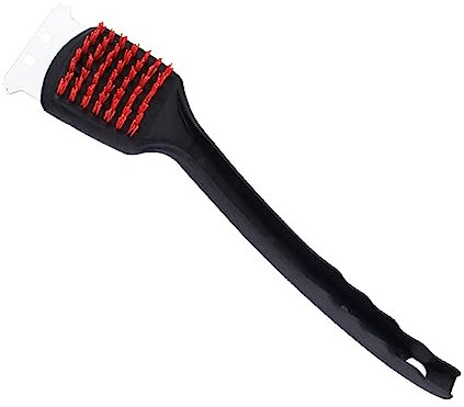 Nylon-Grillbürste, langer Griff, sichere Grill-Reinigungsbürste mit Edelstahl-Schaberkopf, Rot/Schwarz, 41,5 x 7 cm, 1 Stück