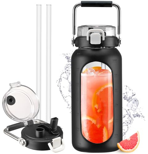 HYDRAGLAZIC 2 Liter Glass Water Bottle with Straw and Time Marker 2L Motivational Water Tumbler with Silicone Sleeve and Spout Lid Wide Mouth Borosilicate Water Jug BPA Free Leak-Proof, Black