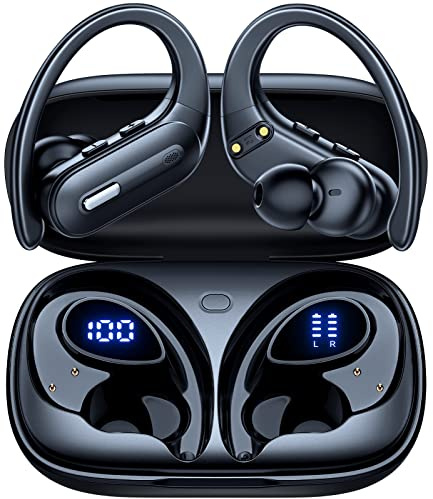 Wireless Earbuds Bluetooth 5.3 Headphones 90 Hrs Playtime Ear buds with Wireless Charging Case Power Display Over-ear Earphones with Earhooks Waterproof Stereo Headset for Android phone Workout Black