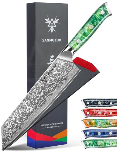 SANMUZUO Couteau Kiritsuke de 22cm - Couteau de Chef en Damas - Japonais en Acier de Damas 67 Couches Couteau de Cuisine - Manche en Résine (Vert Jade) - Xuan Série