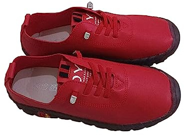 Ailan Zapatillas de deporte para mujer, mocasines de plataforma, zapatos planos de cuero sin cordones de talla grande, zapatos informales transpirables amigables con la piel, Rojo, cuarenta