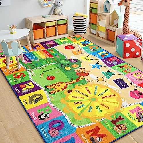 Chicrug Educational Kid Area Rug for Playroom, 6x9 Feet TPR Non Slip Kids Classroom Carpet Rug for Learning ABC Animal, Shape Color Fruit, Washable Play Mat Rug for Children Nursery Toddler Room Decor