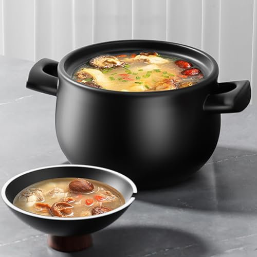 JJoias Cazuela De Barro Con Tapa, Olla Sopera Redonda Con Mango Antiadherente, Apta Para Microondas, Cocina De Gas Y Vitrocerámica Eléctrica.,4l