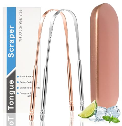 Tongue Scrapers for Adults, Oral Hygiene for Fresh Breath, Stainless Steel Tongue Cleaner, Metal Tongue Scraper with Case (Pink, 2 Pcs)