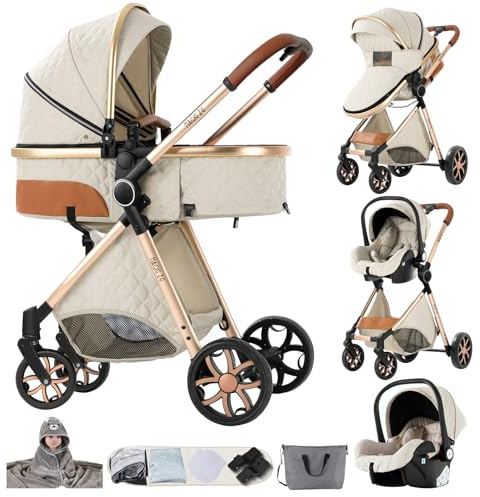 NADDLILY Kinderwagen 3 in 1, Buggy mit Umkehrbarem Zwei-Wege-Schub, Kombikinderwagen mit Faltbarem Tragbarem One-Click-Design, Kinderwagen 3 in 1 Komplettset mit Zubehör (V9 Creamy White)