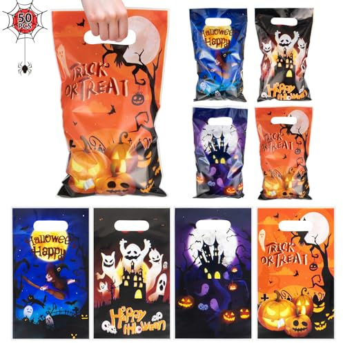 50pcs Halloween Party Bags for Kids, 4 Styles Trick or Treat Bag Children Goodie Bags Candy Treat Bag with Handle Plastic Small Gift Bag for Halloween Party Favor (2) A6-DDSTD