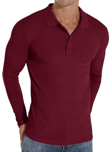 Sailwind Polo à manches longues pour homme, coupe ajustée, style décontracté, haut extensible, t-shirt de golf, rouge vin, L