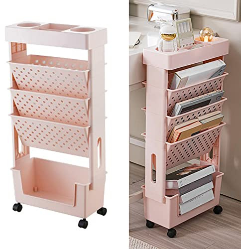 Libreria mobile a 5 livelli con ruote rimovibile mobile unica libreria grande capacità girevole scaffale di stoccaggio in plastica scaffale organizzazione rack colore rosa