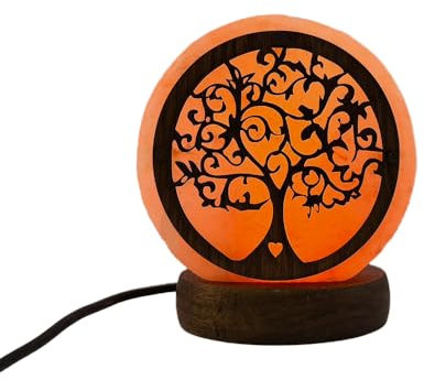 AROMASENSES | Lámpara de Sal del Himalaya USB | Hecha a Mano, Base de Madera | Lámpara Relajante para Mesita de Noche y Oficina, Luz Fija, 100% Natural | Sal Rosa del Himalaya | ÁRBOL DEL AMOR