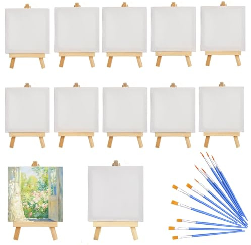 12 Stück Mini Leinwand mit Staffelei 10x10cm, Tischstaffelei Holz Klein Set, Mini Staffeleien mit Kunst Leinwände, Tisch Dekoration Staffeleien Kit für Display Fotos Kinder Malen