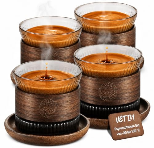 VETIN Espressotassen Set 4er – Espresso Gläser mit Untertassen & Holzring, 170 ml Borosilikatglas, hitzebeständig, für Espresso, Cappuccino & Latte, transparent schwarz
