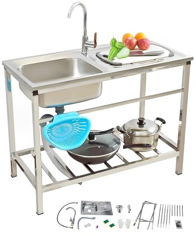 FaccioneerZ Fregadero Exterior Jardin Fregadero Comercial De Acero Inoxidable con Grifo Y Cepillo De Esponja Fregadero De Cocina Independiente con Banco De Trabajo para Lavaderos Y Baños(75x40x75cm)