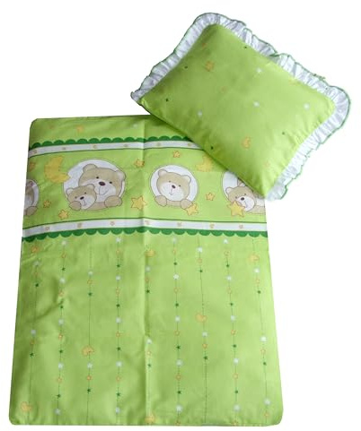 2 tlg. Set Bezug in 70x50 cm für Kinderwagen, Wiege und Stubenwagen Kinderbettwäsche Garnitur Bettwäsche *Deckenbezug + Kissenbezug* (grün Bär/Sterne)