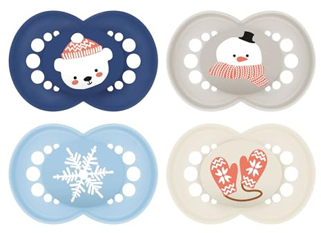 MAM Original Winter Schnuller | 6-16 Monate | 94% Akzeptanz | stillfreundlicher Babyschnuller | von Hebammen empfohlen | aus SkinSoft Silikon | mit Schnullerbox | Bär/Schneemann | 4 Stk