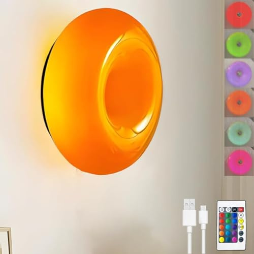 Donut Lampe Wand Akku Wandleuchte Ohne Stromanschluss Innen LED USB Aufladbar Wandlampe Dimmbar Rund mit Fernbedienung 3 Farbtemperatur + RGB Dimmbar Touch Nachttischlampe Ohne kabel 2000mAh,Orange